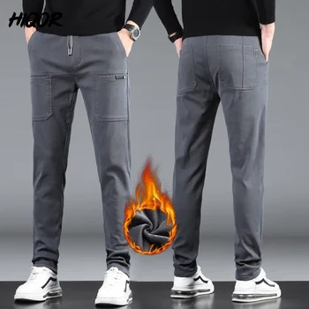 HİQOR Y2k Giyim Kış Sıcak erkek pantolonları Kalınlaşmak Erkekler Polar Gevşek Düz Pantolon Moda Kore Tarzı Iş Pantolon Mens için