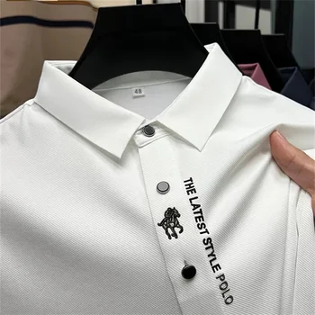 Tasarımcı Brand2023 Yaz İş Düz Renk Yüksek Kaliteli Buz İpek Kısa Kollu erkek POLO GÖMLEK Baskı Kore Moda Giyim