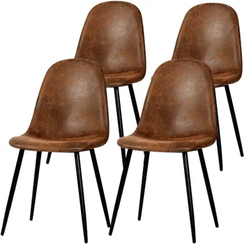 Yemek Sandalyeleri 4'lü Set, Döşemeli Kolsuz Sandalyeler, Oturma Odası için Siyah Metal Ayaklı Mutfak Yan Sandalyesi, Kahverengi
